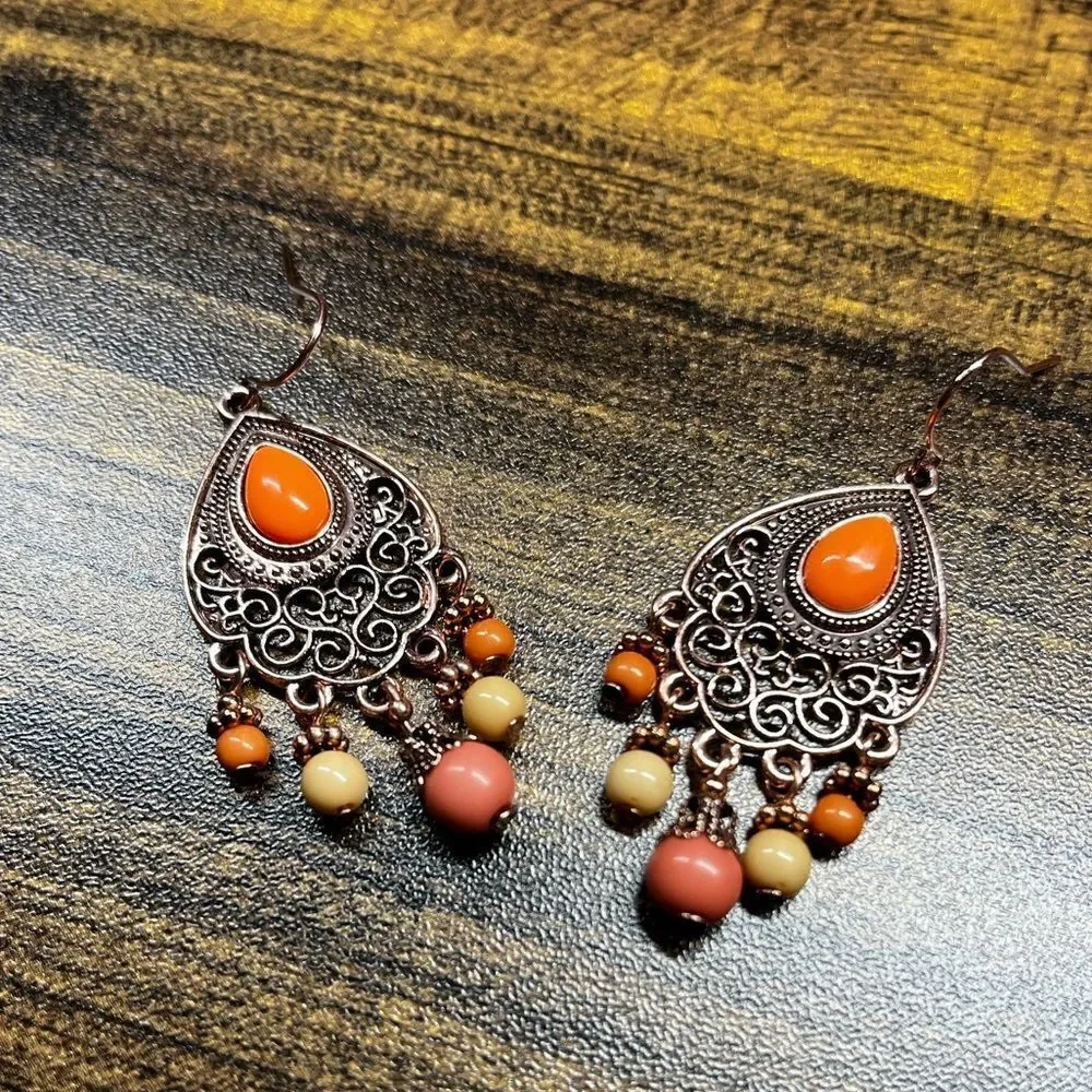 Zinc Alloy Vintage Bead Tassel Drop Earrings fall vibes autumn colors‎
